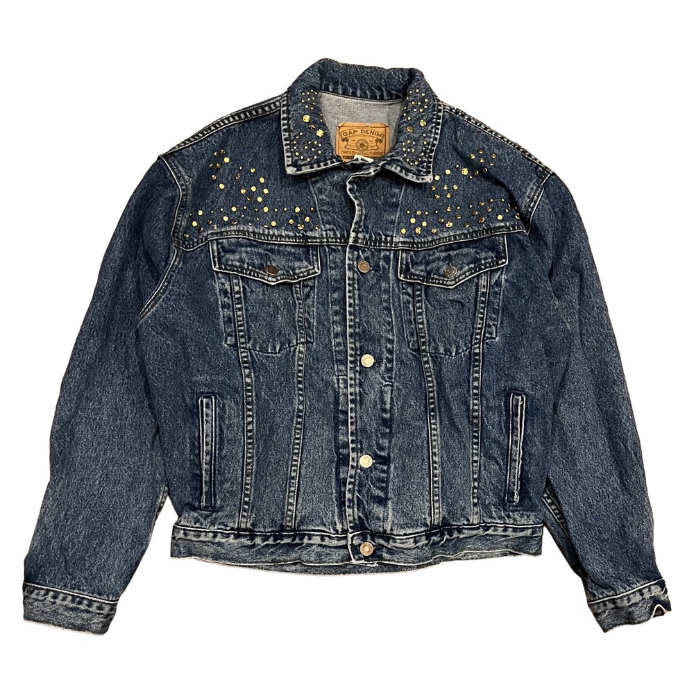 Vintage GAP Denim Jacket Mens Medium Studded Jean Trucker Coat Classic 90s Blue